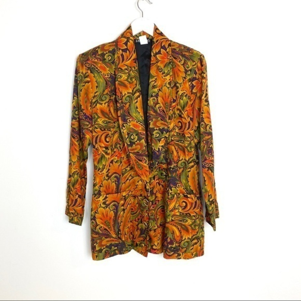 Vintage Leaf Print Lapel Collar Blazer Size M